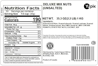 Yupik Deluxe Unsalted Mixed Nuts Without Peanuts, 2.2Lb, Pack Of 1