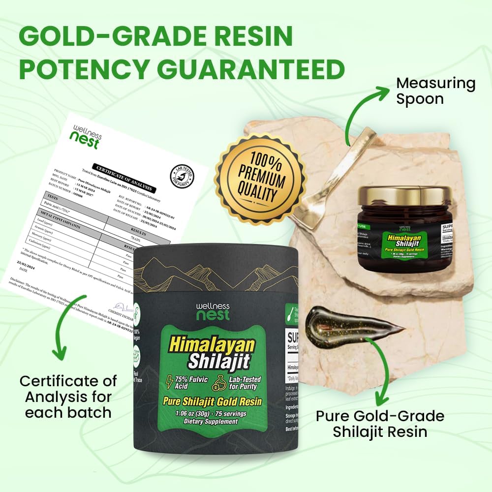 Gold Grade Pure Himalayan Shilajit Resin: Ultimate Potency For Men & Women - 24K Gold, 75%+ Fulvic Acid, Lab Test Report Included - 30G (1 Pack), 75 Servings