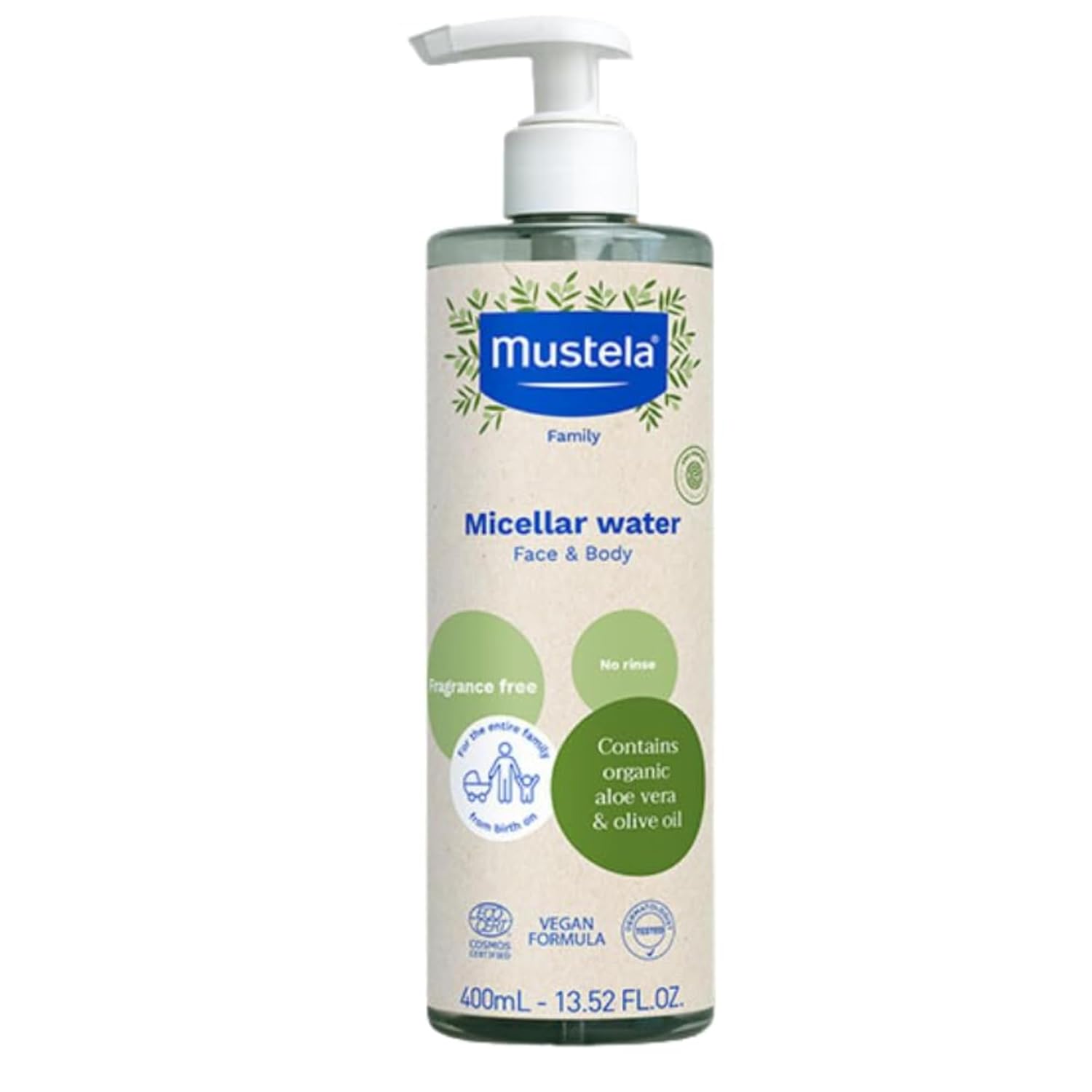 Mustela Certified Organic Micellar Cleansing Water -No-Rinse Natural Water Cleanser W/ Olive Oil & Aloe Vera - For Baby, Kid & Adult - Fragrance Free, Ewg Verified & Vegan -13.5 Oz-Packaging May Vary