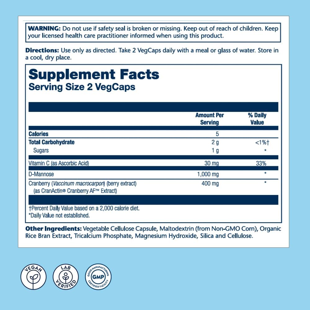 SOLARAY D-Mannose with CranActin Cranberry Supplement 400mg, Urinary Tract Health & Bladder Support Capsules with Vitamin C for Immune Function, Vegan, 60 Day Guarantee, 30 Servings, 60 VegCaps