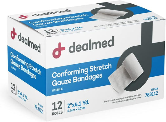 Dealmed 2" Sterile Conforming Stretch Gauze Bandages, 4.1 Yards Latex Free Stretched Dressing Wrap, Medical Non-Adherent Wound Care Mesh Bandages (Box Of 12 Rolls)