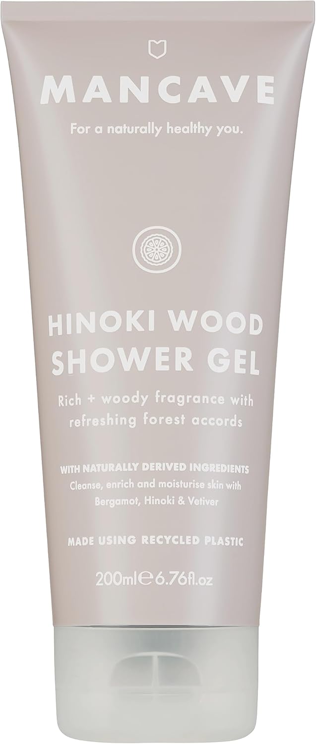 Mancave Hinoki Wood Shower Gel For Men, Warm Woody Aroma With Hinoki Cypress, Bergamot And Vetiver, Sulphate And Paraben Free, Natural, Vegan, Cruelty Free, 200 Ml