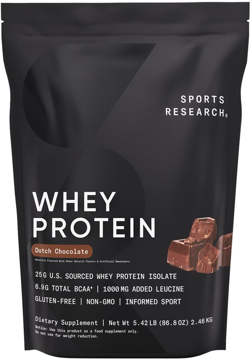 Sports Research Whey Protein - Sports Nutrition Whey Isolate Protein Powder For Lean Muscle Building & Workout Recovery - 5 Lb Bag Bulk Protein Powder 25G Per Serving - Dutch Chocolate, 60 Servings