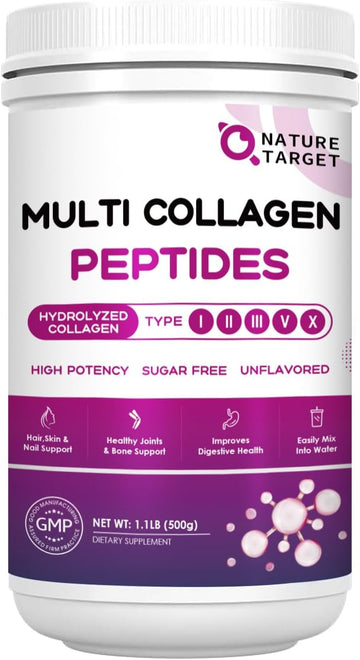 Nature Target Multi Collagen Peptides Powder - Type I, Ii, Iii, V, X - Hydrolyzed Collagen Peptides With Vitamin C Hyaluronic Acid, Supports Skin Hair Nail & Joint, Grass-Fed, Non-Gmo, 50 Servings