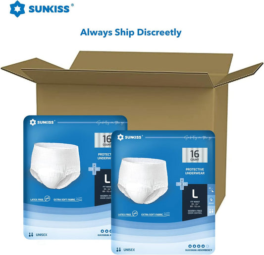 SUNKISS TrustPlus Incontinence and Postpartum Underwear for Men and Women, Disposable Protective Underwear with Maximum Absorbency, Odor Control, Large, 16 Count