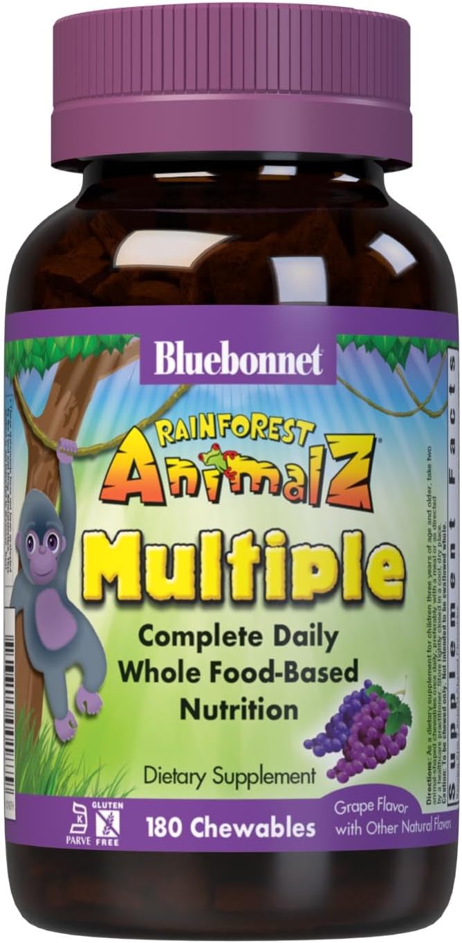 Bluebonnet Nutrition Rainforest Animalz Whole Food Based Multiple Chewable Tablets, Kids Multivitamin & Mineral, Vitamin C, D3, Iron, Gluten Free, Milk Free, Kosher, 180 Chewable Tablets, Grape Flavor