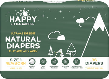 Happy Little Camper Ultra-Absorbent Natural Baby Diapers Size 1 - Hypoallergenic & Chlorine-Free Disposable Diapers Safe For Sensitive Skin - Unscented Newborn Diapers - 36 Count
