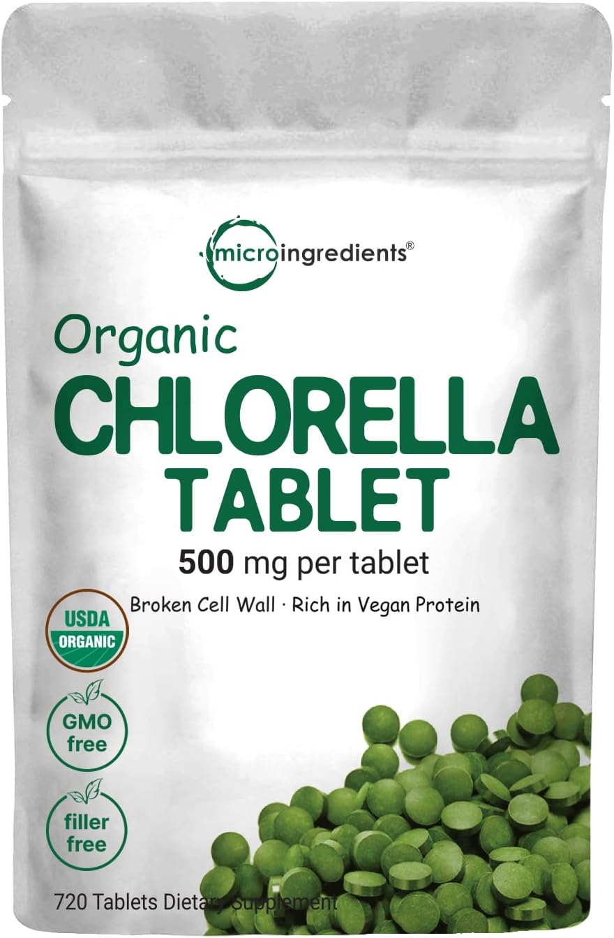 Organic Chlorella Tablets, 500mg Per Tablet, 720 Tabs (360 Grams), 4 Months Supply, Broken Cell Wall, Rich in Vegan Protein & Vitamins, No Filler, No Additives & Non-GMO | Pure Green Algae Superfood
