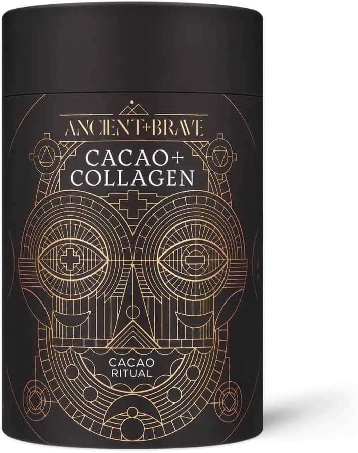 Ancient + Brave - Cacao + Collagen Powder 250G - Peruvian Raw Cacao Hot Chocolate With Grass-Fed Hydrolysed Bovine Collagen - Premium Blend Of Organic Cocoa, Ashwagandha & Baobab - High Protein, Keto