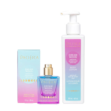 Pacifica Beauty | Dream Moon Spray Perfume, Hand + Body Lotion | Natural + Essential Oils | Pink Rose, Sandalwood, Patchouli Notes | Shea Butter Moisturizer | Vegan + Cruelty Free