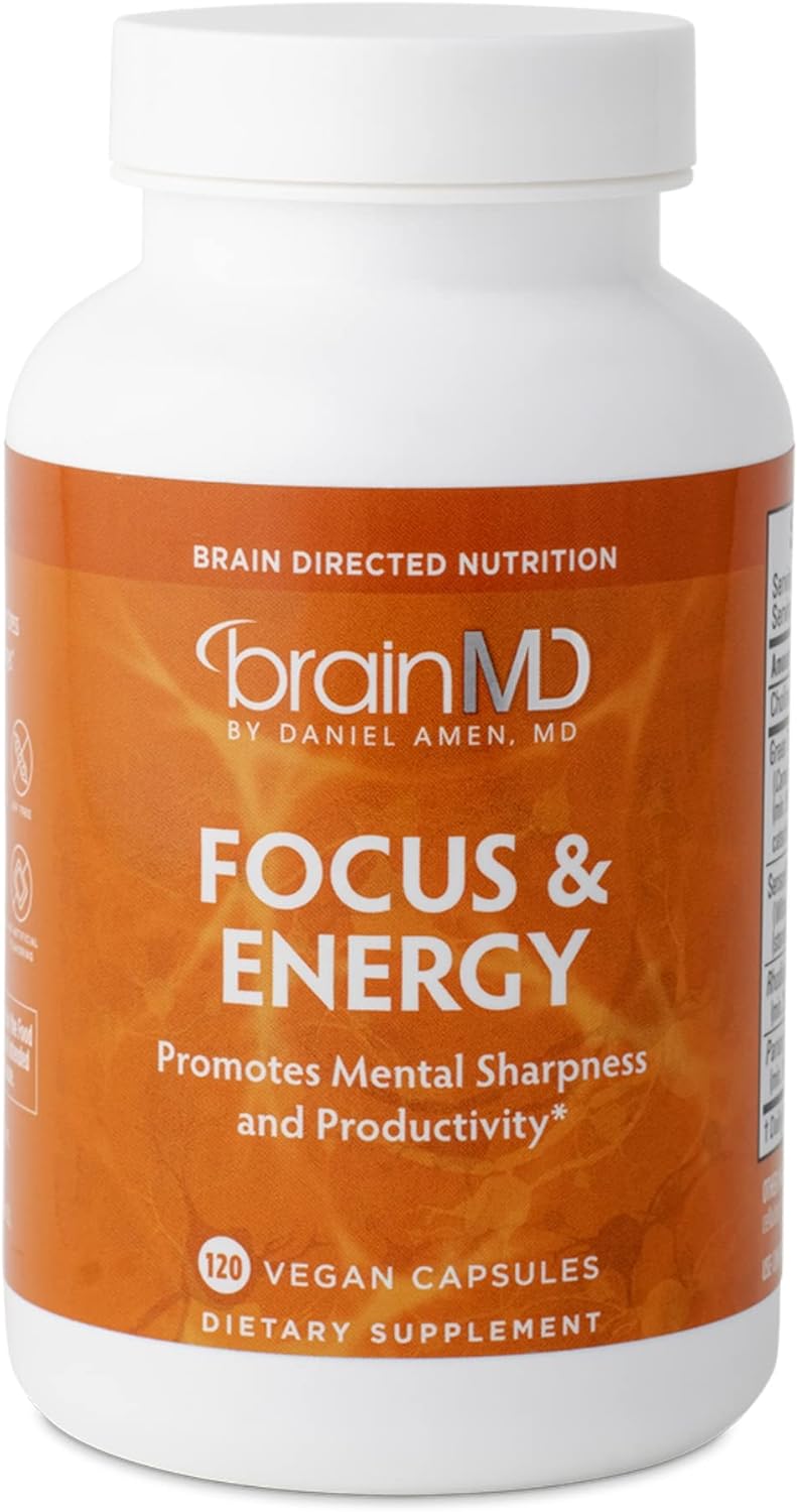 Dr Amen BrainMD Focus & Energy - 120 Capsules - Mental Endurance Booster, Promotes Concentration & Attention - Caffeine Free, Gluten Free - 30 Servings