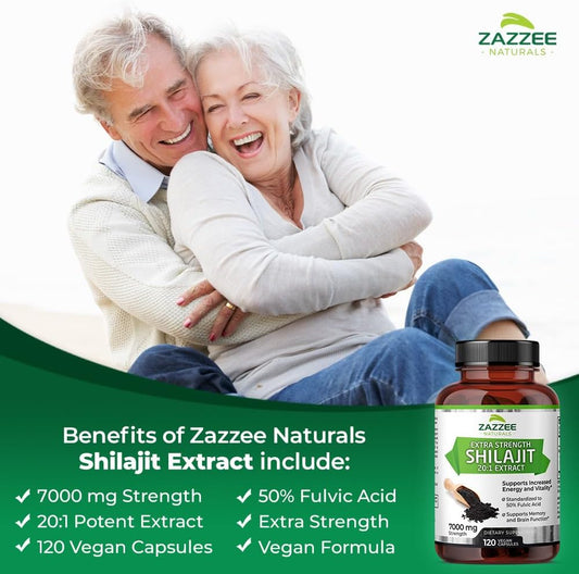 Zazzee 100% Pure Organic Himalayan Shilajit 20:1 Extract, 7000 Mg Strength Per Capsule, 50% Fulvic Acid, 120 Servings Per Bottle, 20X Potency, Rich In Trace Minerals, Non-Gmo, Vegan, Made In The Usa