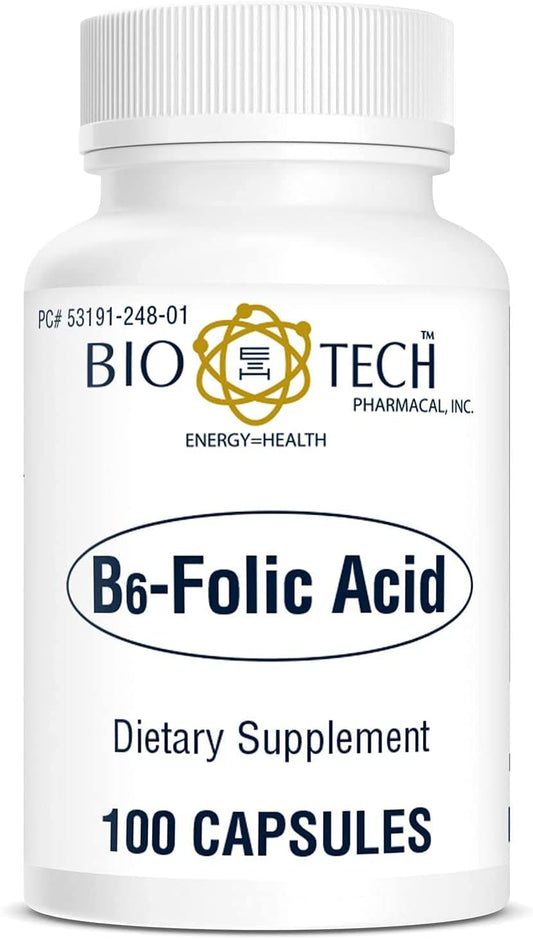Bio-Tech Pharmacal B6-Folic Acid, 100 Capsules – All-Natural Supplement – Supports Cardiovascular, Bone, & Nervous System Health – No Dairy, Fish, Gluten, Peanut, Shellfish, Halal, & Soy – No