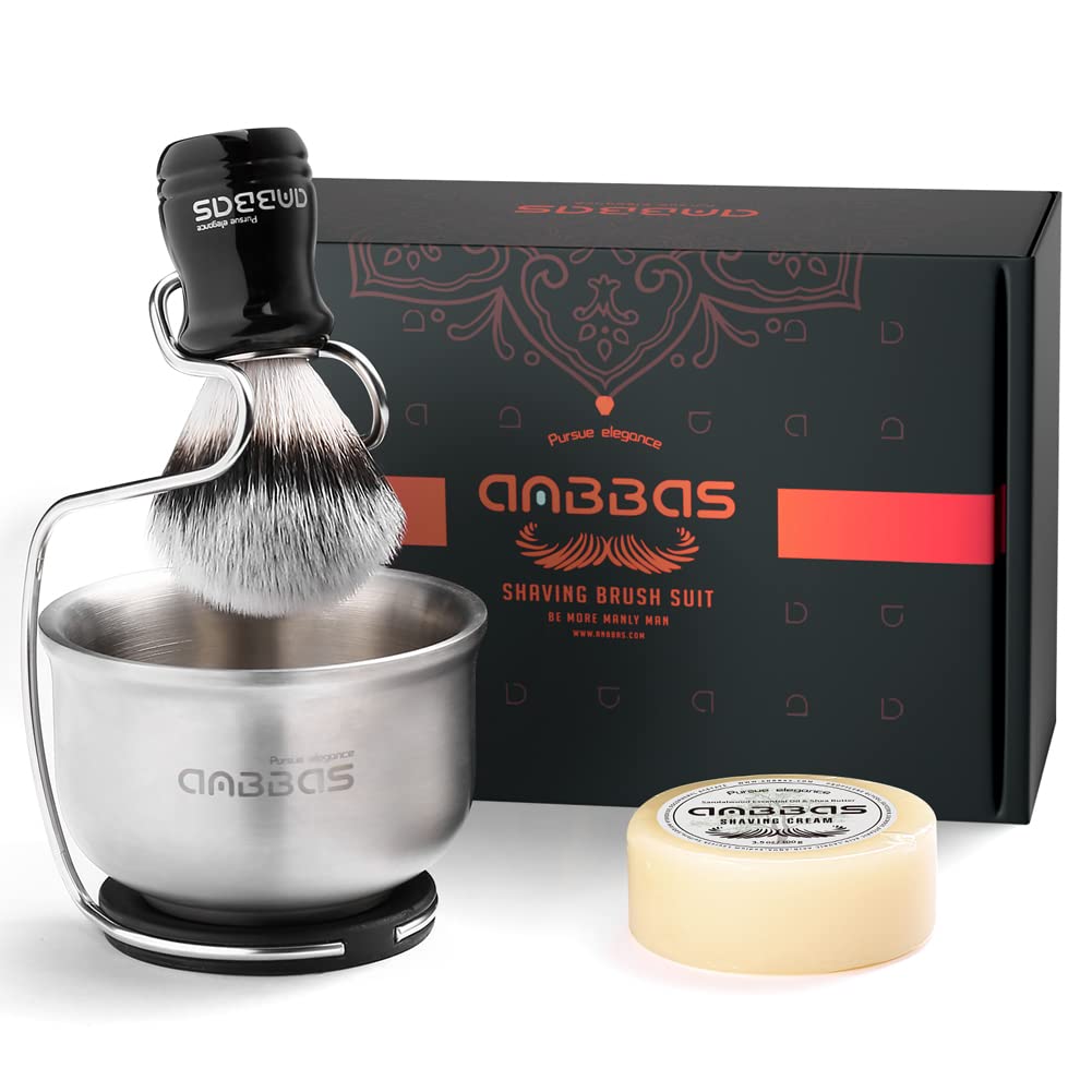 Anbbas Pure Badger Bristles Shaving Brush Black Wood Handle And Refill Soap Bar 100G,Stainless Steel Shaving Stand And Soap Cup Kit Perfect For Men