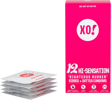 XO! Hi-Sensation Condoms Ribbed and Dotted, Natural Rubber Latex, Unscented (Pack of 12)