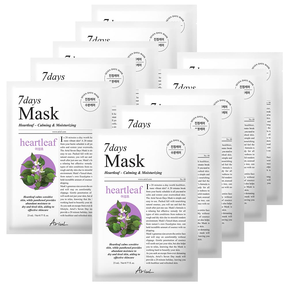 Ariul 7 Days Mask Heartleaf P – Calming & Moisturizing Korean Face Mask With Panthenol & Ceramide, Hydrating & Soothing, Pore Purifying, Vegan Sheet, 10 Masks, 23Ml / 0.77 Fl. Oz Each