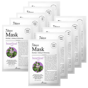 Ariul 7 Days Mask Heartleaf P – Calming & Moisturizing Korean Face Mask With Panthenol & Ceramide, Hydrating & Soothing, Pore Purifying, Vegan Sheet, 10 Masks, 23Ml / 0.77 Fl. Oz Each
