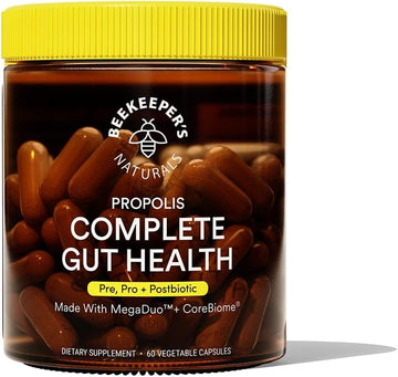 Beekeeper'S Naturals Complete Gut Health, 3-In-1 Prebiotic, Postbiotic, Probiotics For Digestive Health & Bloating Relief For Women & Men, Propolis Powered, Gluten-Free Vegan Capsules, 60Ct
