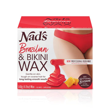 Nad's Brazilan & Bikini Wax Kit, Hair Removal For Women, Body Wax Specifically For Coarse Hair, At Home Waxing Kit With Hard Wax + Calming Oil Wipes + Wooden Spatula