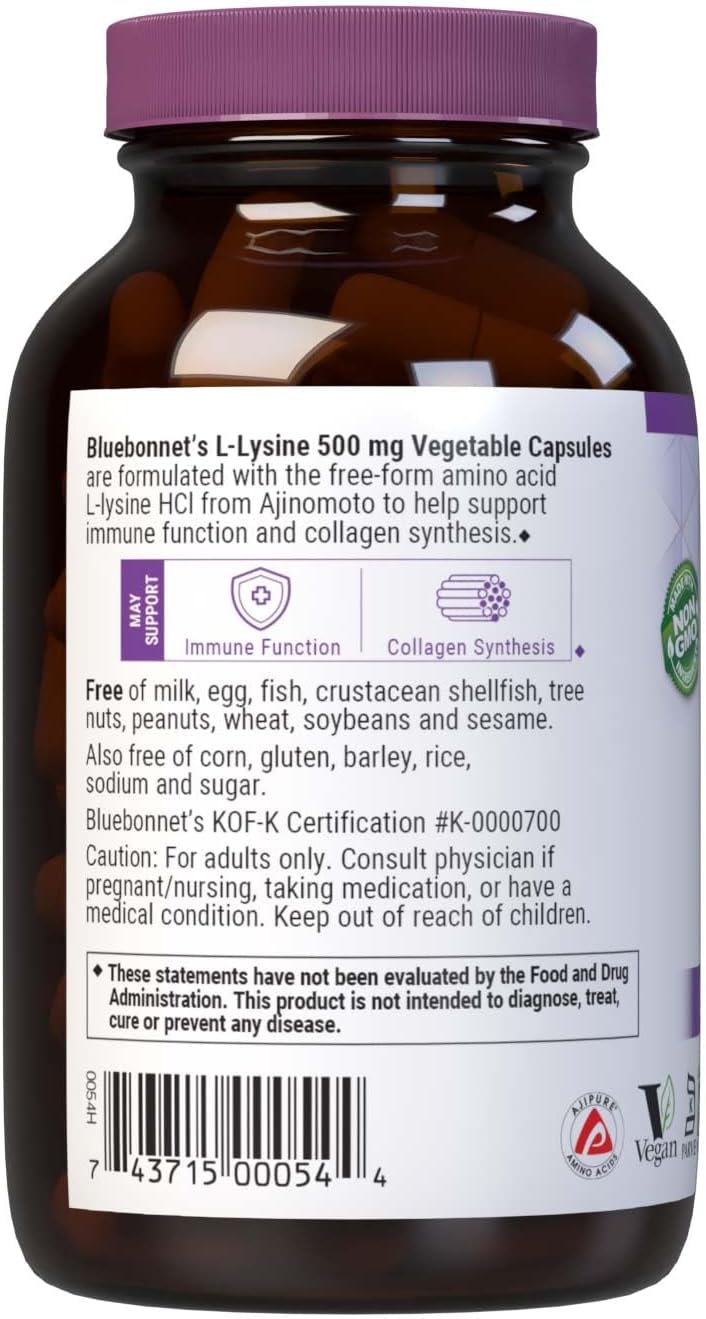 Bluebonnet Nutrition L-Lysine 500mg, for Healthy Immune Function, Supports Collagen Synthesis, Soy-Free, Gluten-Free, Non-GMO, Kosher Certified, Vegan, 100 Capsules : Health & Household