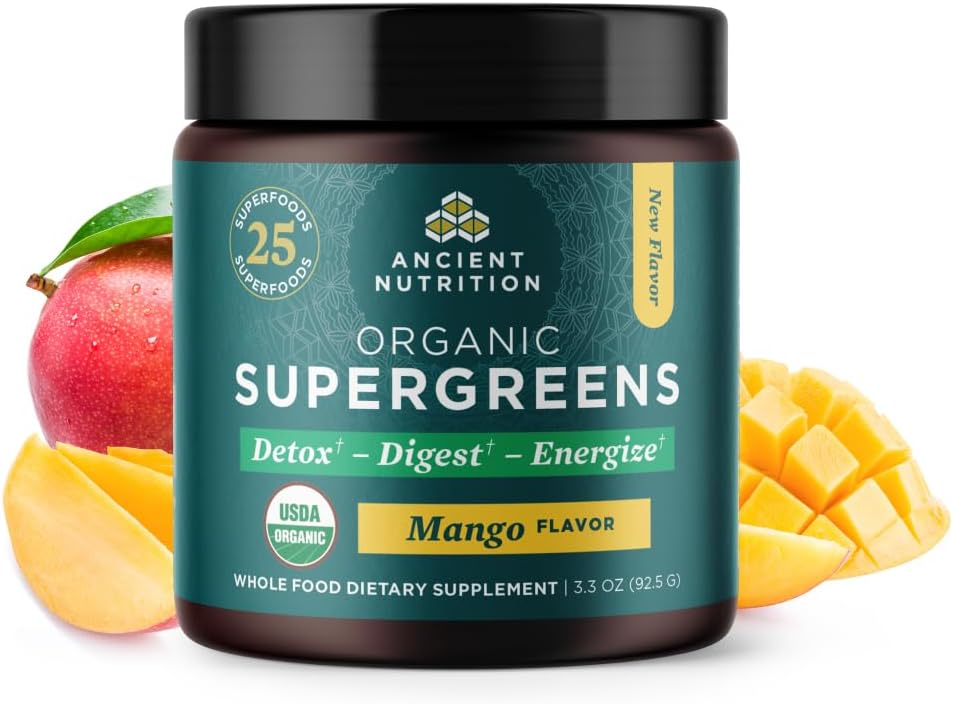 Ancient Nutrition Supergreens Powder With Probiotics, Organic Mango Flavor Greens, Made From Real Fruits, Vegetables And Herbs, Digestive And Energy Support, 12 Servings, 3.3Oz