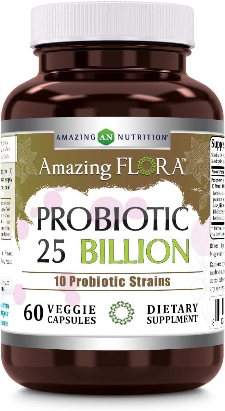 Amazing Flora Probiotic Supplement | 25 Billion-10 Strains | 60 Veggie Capsules | Non-Gmo | Gluten-Free | Made In Usa