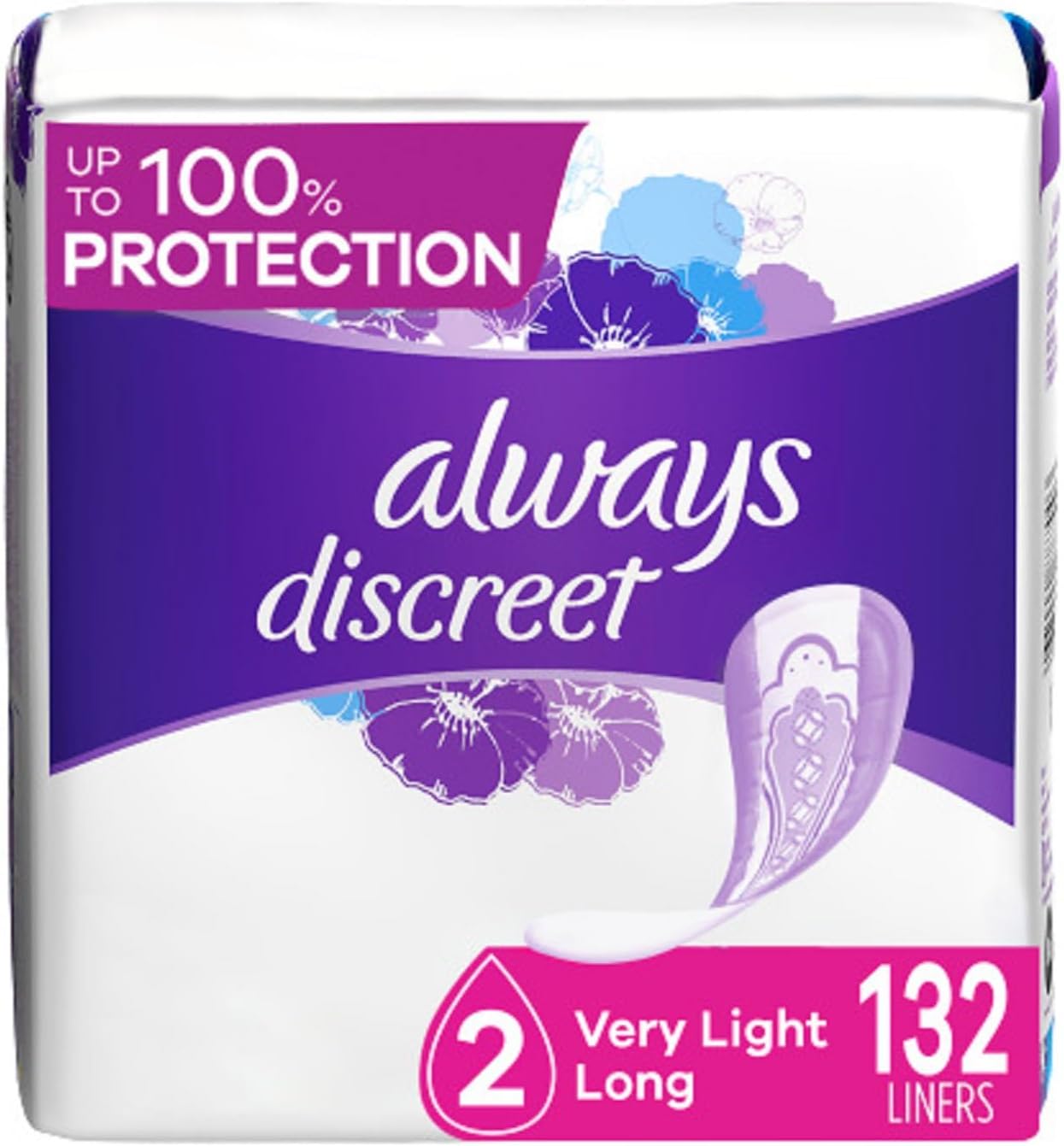 Always Discreet Adult Incontinence & Postpartum Liners For Women, Size 2, Very Light Absorbency, Long Length, 44 Count x 3 Packs (132 Count total)