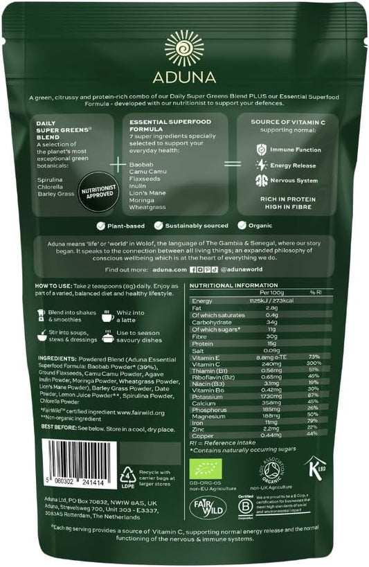 Aduna Advanced Superfood Super Greens Blend | 100% Organic Powder for Smoothies/Juices & Yoghurt | 250g Resealable and Recyclable Pack