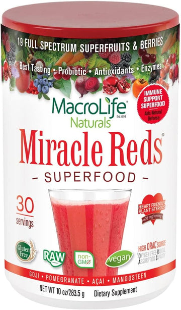 MacroLife Naturals Miracle Reds Superfood Supplement Powder Antioxidants Polyphenols Enzymes Probiotics - Raw Non-GMO Organic Vegan Gluten & Dairy Free (30 Serving) 10oz