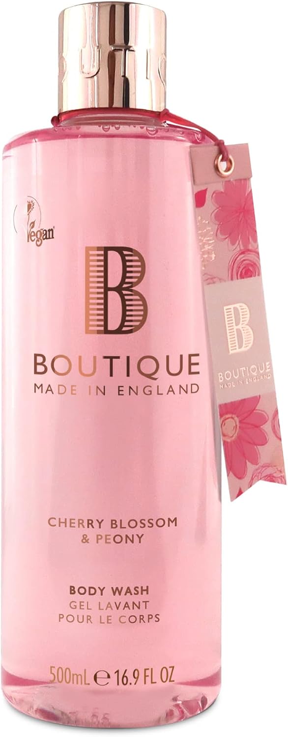Boutique Cherry Blossom & Peony Fragrance Body Wash 500Ml - Refreshing - Cleansing - Essential Oils - Vegan And Cruelty Free - No Sls Or Parabens - Made In England - Recyclable Bottle