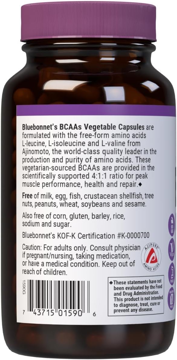 Bluebonnet Nutrition BCAAs 4:1:1 Ratio, Muscle Performance*, Muscle Health*, Muscle Repair*, Non-GMO, Vegan, Kosher Certified, Gluten-Free, Soy-Free, Dairy-Free, 120 Vegetable Capsules, 30 Servings : Health & Household