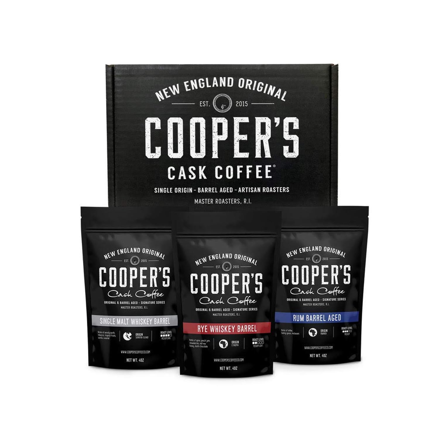 Bourbon Barrel Aged Coffee Whole Bean Set, Single Origin Sumatra Whiskey, Ethiopian Rye, Rwanda Rum Roasted Coffee Beans (Ground, 4 Ounce (Pack Of 3))