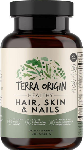 TERRA ORIGIN Healthy Hair, Skin & Nails Vitamins | 60 Veggie Capsules | Gluten Free | Non GMO | Made in The USA | 5,000 mcg Biotin | 200 mg Collagen | Vitamin A, C, D, B6 and B12