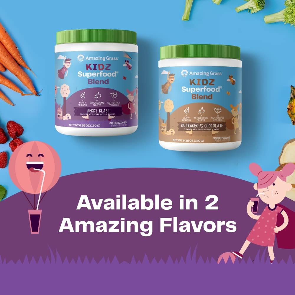 Amazing Grass Kidz Superfood: Organic Greens, Fruits, Veggies, Beet Root Powder & Probiotics for Healthy Kids, Berry Blast, 30 Servings : Grocery & Gourmet Food