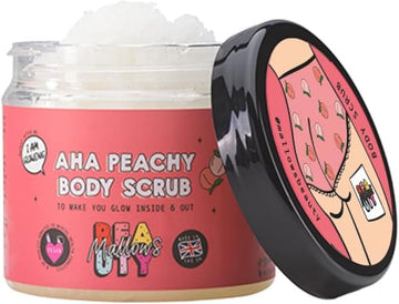 Mallows Beauty Aha Peachy Body Scrub, With Glycolic Acid, Exfoliating Suagr Body Scrub, Hydrates And Nourishes, Prevents Strawberry Legs, Vegan And Handmade In The Uk, 180G