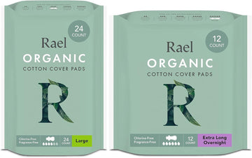 Rael Sanitary Pads For Women Heavy Flow Day & Night Bundle - Feminine Care, Unscented, Chlorine Free, Organic Cotton Cover Period Pads With Wings/Large (24 Count) & Extra Long Overnight (12 Count)