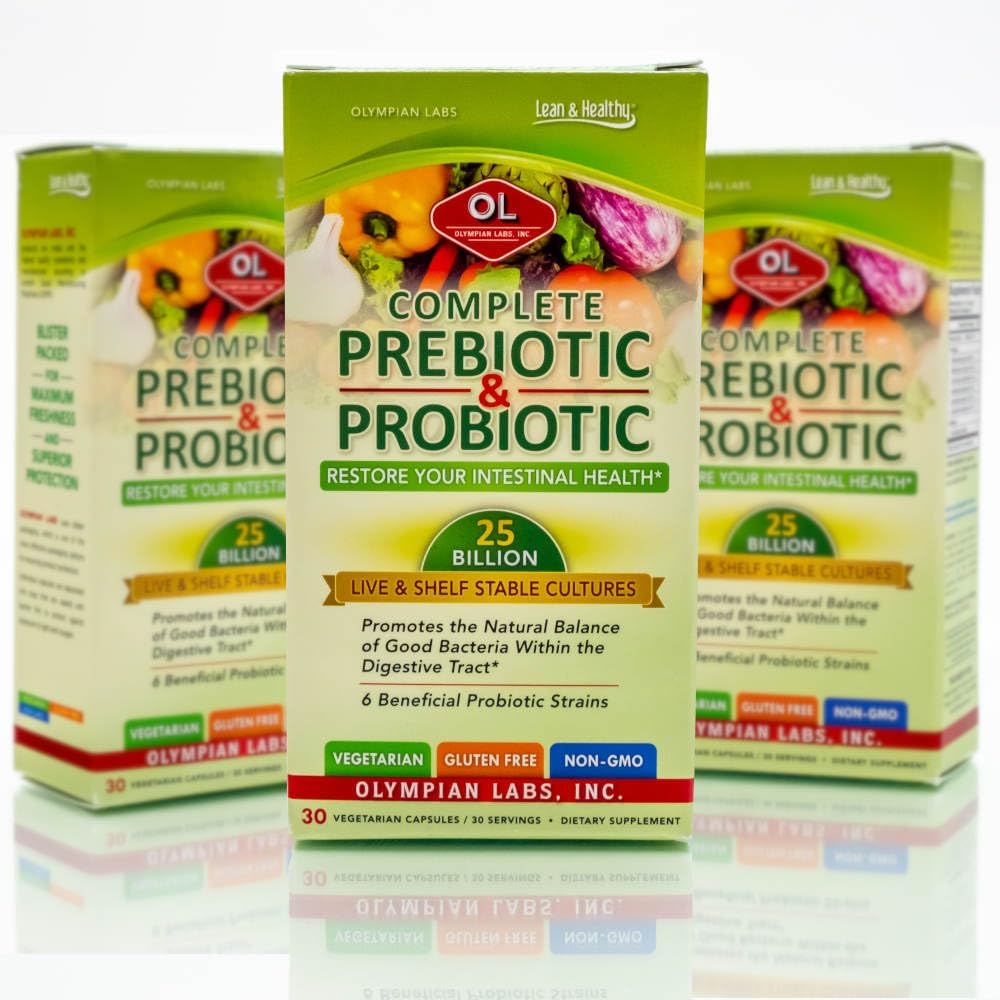 Olympian Labs Complete Prebiotic and Probiotic Supplement - 25 Billion Live Shelf Stable Cultures - 30 Vegetarian Capsules, Helps Restore The Natural Balance Within The Digestive Tract. : Health & Household