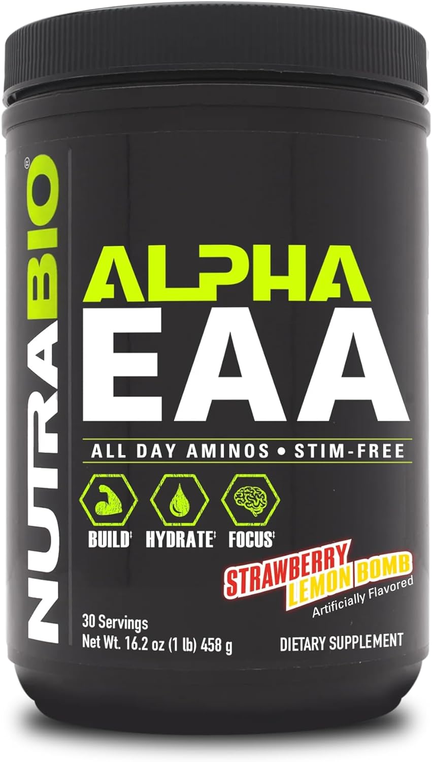 NutraBio Alpha EAA Hydration and Recovery Supplement - Full Spectrum EAA BCAA Matrix with Electrolytes, Nootropics, Coconut Water - Recovery, Energy, Focus, and Hydration Supplement - Strawberry Lemon