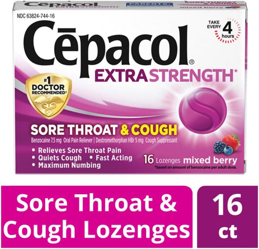 Cepacol Extra Strength Sore Throat Relief Lozenges, Mixed Berry Cough Drops, Maximum Numbing- Fast Acting Sore Throat & Canker Sore Relief With Dextromethorphan & Benzocaine, 16 Count