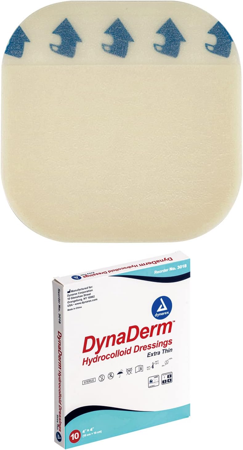 Dynarex Dynaderm Hydrocolloid Dressings, Sterile Moist Bandages Used For All Kinds Of Wounds, 4" X 4", X-Thin & Latex-Free, Peel-Down Patches - 1 Box Of 10 Dressings