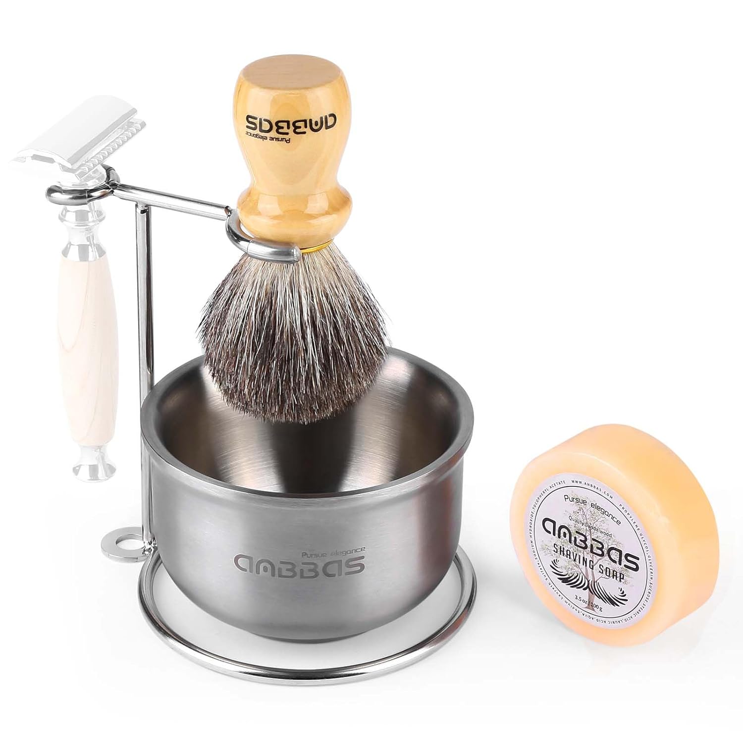 Anbbas Badger Hair Shaving Brush With Wood Handle,Stainless Steel Razor And Brush Stand, Shaving Bowl With Shaving Soap Bar 4In1 Set For Men Wet Shave