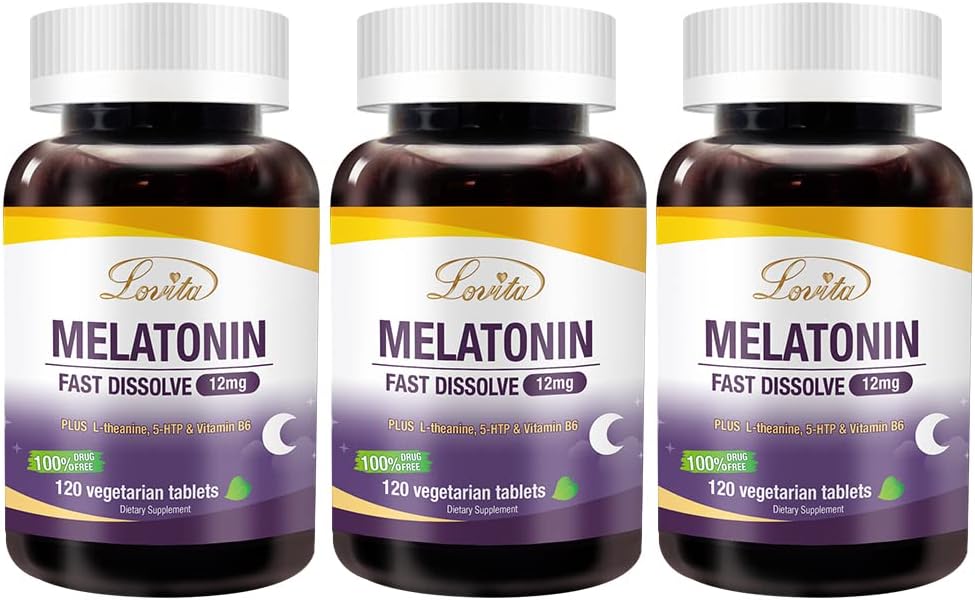 Lovita Melatonin 12 Mg Fast Dissolve Tablets, Exclusive Formula With Vitamin B6, L-Theanine And 5-Htp 120 Tablets