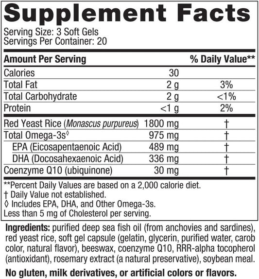 Nordic Naturals Cholesterol Omega LDL, Lemon - 60 Soft Gels - 975 Omega-3 + Red Yeast Rice & CoQ10 - Normal Cholesterol, Antioxidant Support - EPA & DHA - Non-GMO - 20 Servings