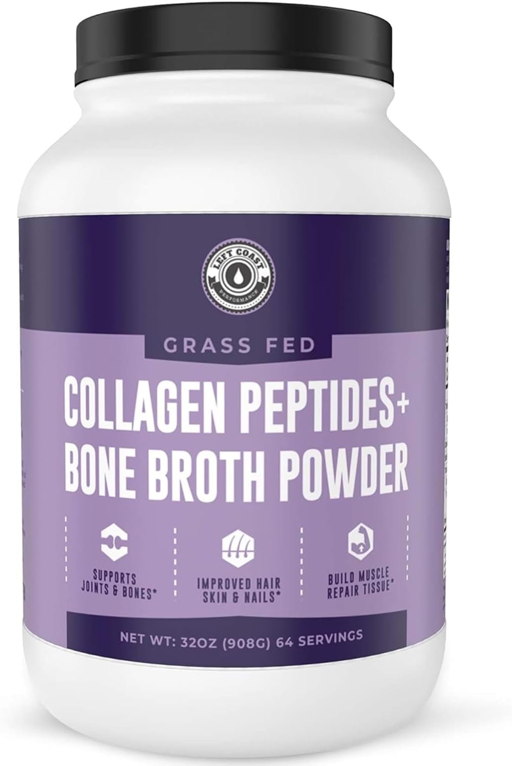 Left Coast Performance Collagen Bone Broth Powder 2Lb, Bone Broth With Grass Fed Collagen Peptides. Unflavoured, Grass Fed, Hydrolyzed Beef, Zero Carb, Dairy Free Protein Powder. 64 Servings