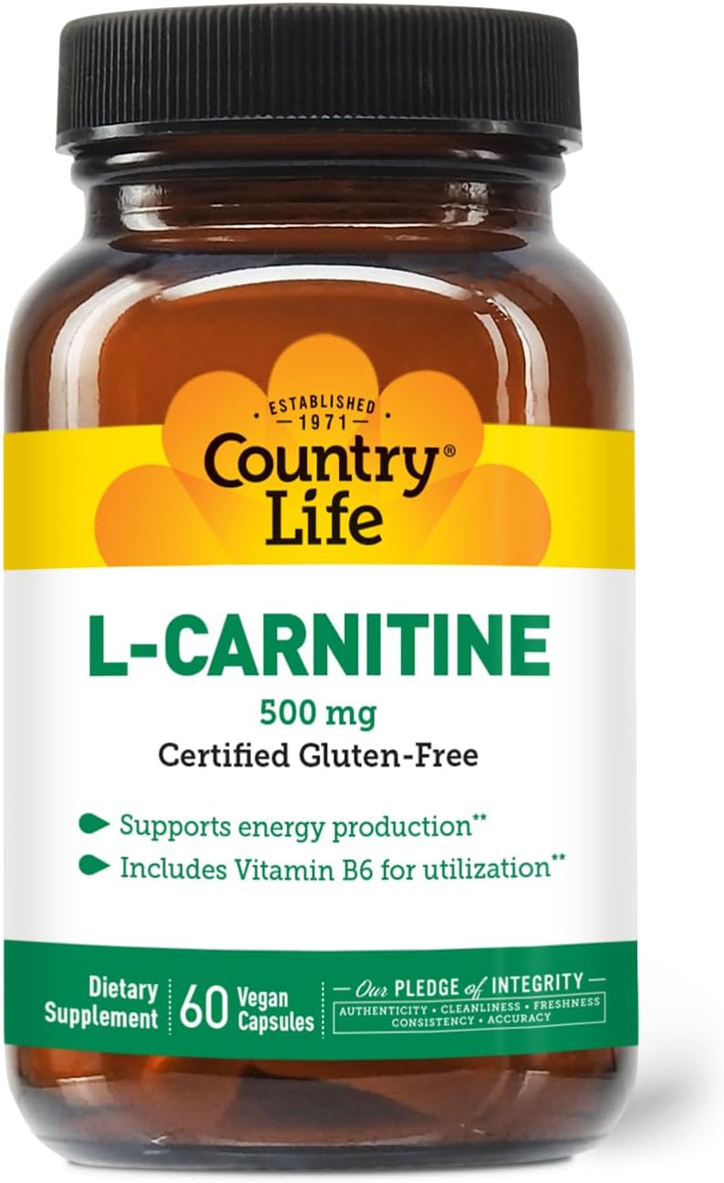 Country Life L-Carnitine 500Mg – 60 Vegan Capsules | Supports Energy Production & Fat Metabolism | Includes Vitamin B6 For Utilization | Gluten-Free, Certified Vegan Amino Acid Supplement