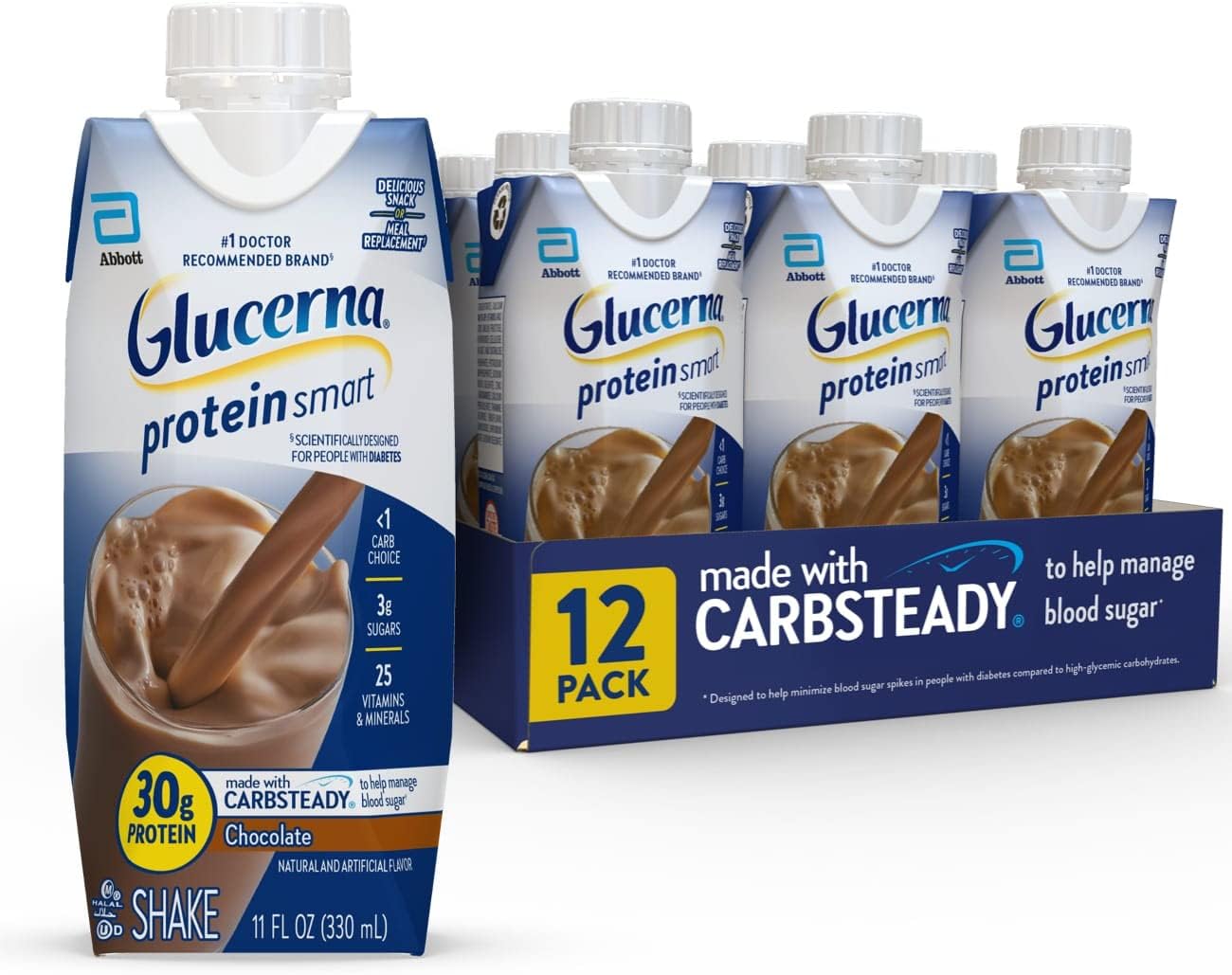 Glucerna Protein Smart Nutritional Shake, Diabetic Protein Drink, Blood Sugar Management, 30G Protein, 150 Calories, Chocolate, 11-Fl-Oz Carton, 12 Count