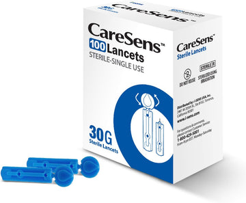 Caresens Sterile Single Use Ultra Thin 30G Universal Designed Lancets (100 Counts) For Minimizing Skin Discomfort And Pain