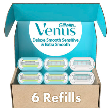 Gillette Venus Womens Razor Blade Refills, Venus Extra Smooth 4 Count and Venus Deluxe Smooth Sensitive 2 Count, 6 Total Refills
