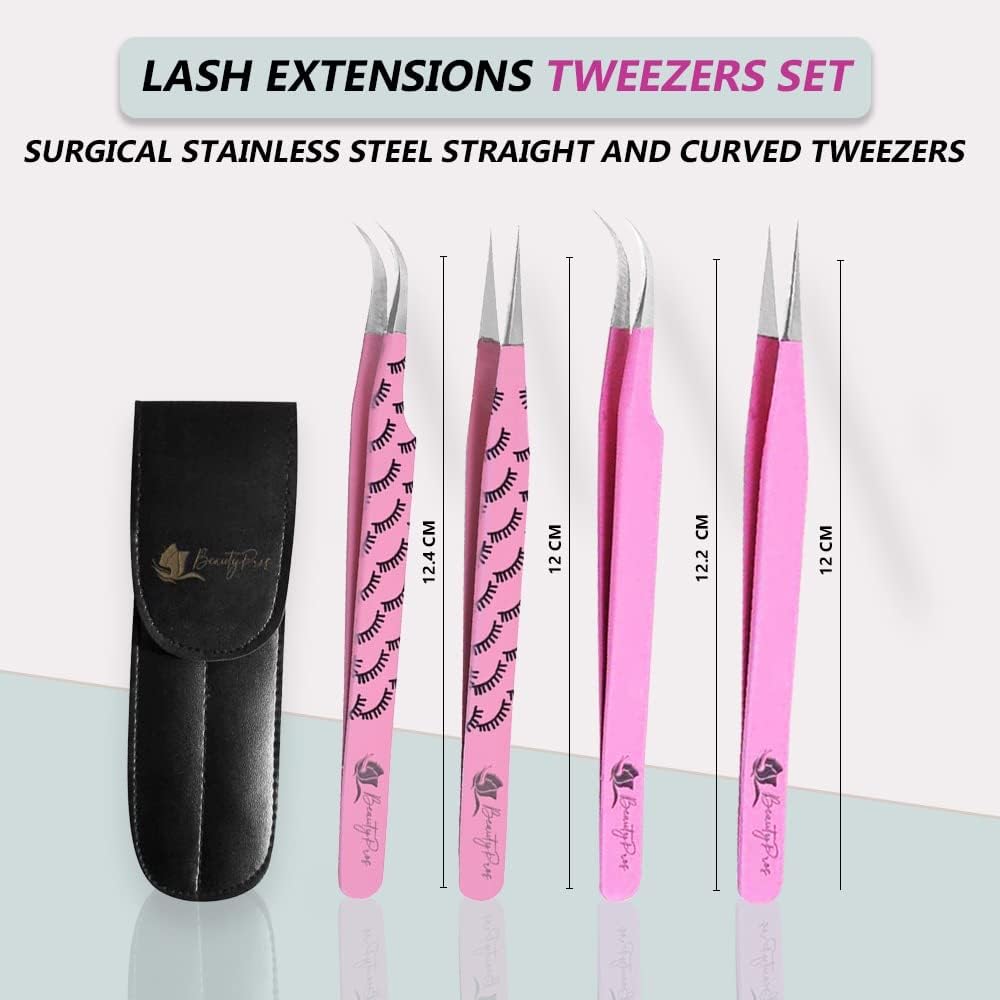 Beautypros Lash Tweezers For Eyelash Extensions -Tweezer Set Straight & Curved Tweezers With Eyebrows Scissor - 3 Pieces Lash Extension Kit Stainless Steel (Pink) : Beauty & Personal Care