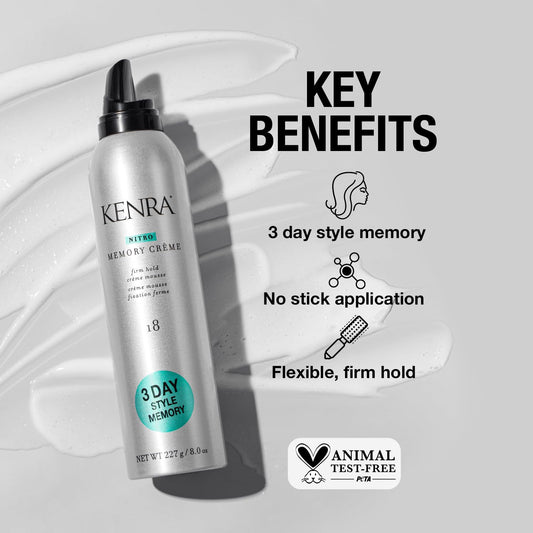 Kenra Nitro Memory Crème 18 | Firm Hold Crème Mousse | 3 Day Style Memory | 1St Nitrogen Crème Mousse | No Stick Application | All Hair Types